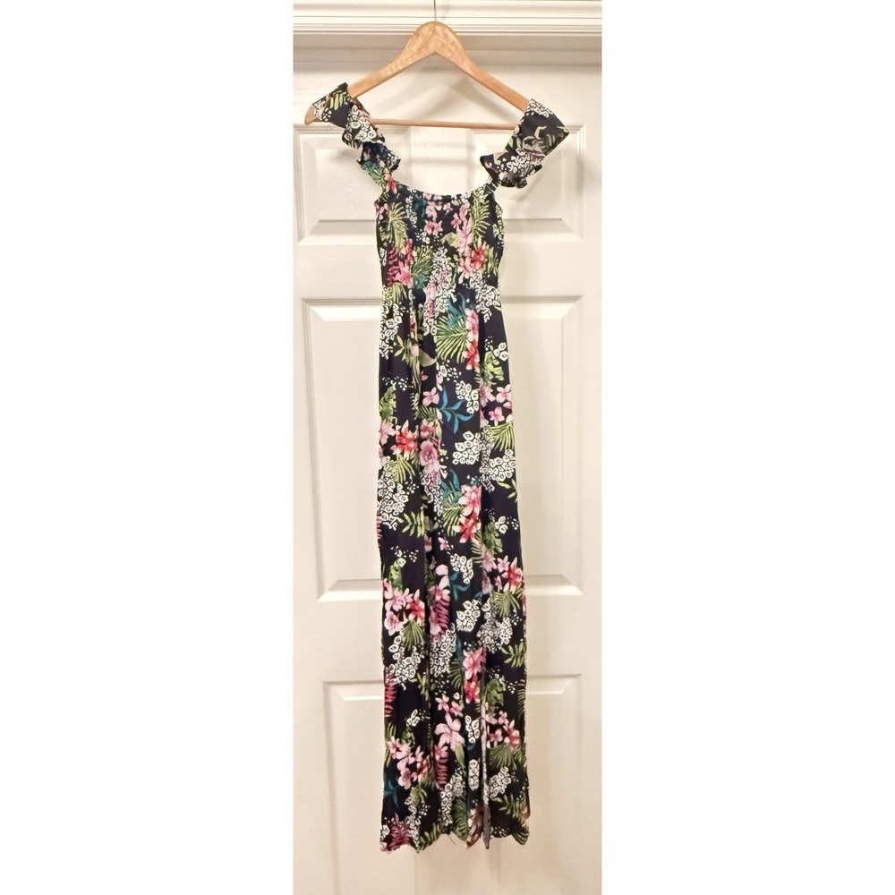 Bohome  Maxi Dress Womens Small Navy Tropical Floral Leopard Smocked Ruffle Slit
